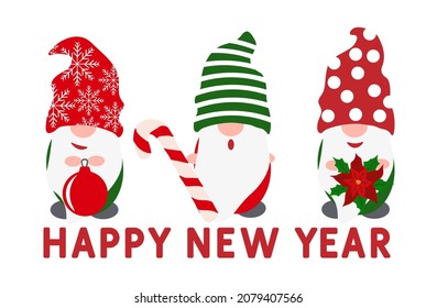 Happy New Year. Three cute cartoon gnomes isolated on a white background. Holiday symbols. Cute illustration. For postcards, invitations, flyers, printing on t shirts. 