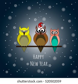 Happy New Year. Three owls. Lettering. Greeting card with owls and snowflakes background.