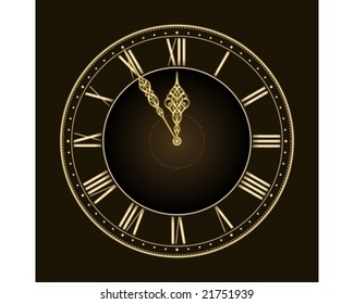 Happy New Year... Or Time's Nearly Up! Stylish And Elegant Vector Clock With The Hands At Five To Twelve. Global Colors, Linear Gradient, Blends.