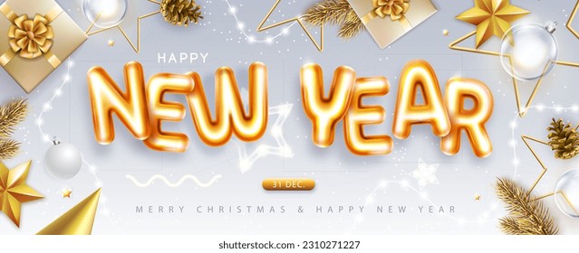 Happy New Year top view poster with 3D chromic letters and Christmas decoration. Holiday greeting card. Vector illustration