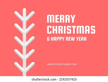 Happy New Year traditional congratulations greeting card template white spruce branch bauble realistic 3d icon vector illustration. Merry Christmas best wishes pink web banner fir tree toy design