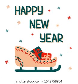 Happy New Year traditional patterned sleigh with gifts in scandinavian hand drawn style with lettering. Vector illustration, simple bright object, square format. Suitable for a greeting card or banner