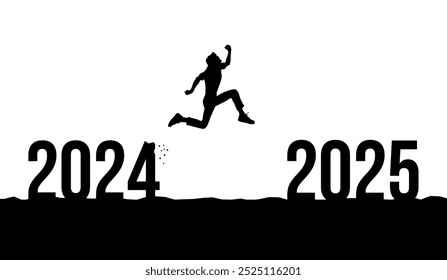 Feliz año Nuevo concepto de transición persona saltando de 2024 a 2025 Silueta del hombre que se mueve de 2024 a 2025 Feliz año Nuevo 2025 concepto de transición gráfico de Vector simple ilustración en blanco y negro