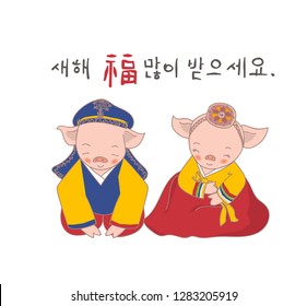 Happy New year. Translation of Korean Text: Happy New Year. Cute pig character in traditional Korean costume