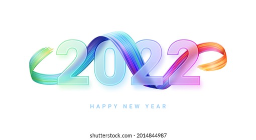 Happy New year transparent gradient glass numbers, blur, multicolored brushstroke, glassmorphism greeting card design element. Vector 2022 and glossy garland, Christmas holiday celebration