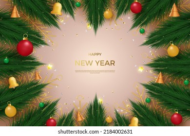 happy new year with tree decorations surrounding the greeting.