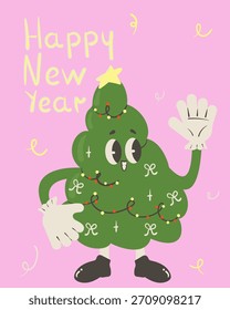 Happy New Year Baum Maskottchen Poster. Grußkarte im kindischen Stil. Vektorgrafik.