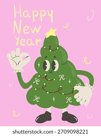 Afiche de la mascota del árbol del Año Nuevo Feliz. Tarjeta de felicitación de estilo infantil. Ilustración vectorial.