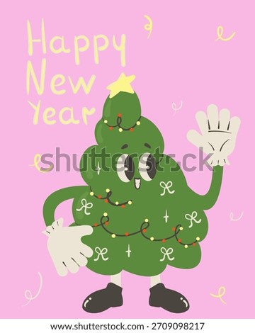 Happy New Year tree mascot poster. Childish style greeting card. Vector illustration.