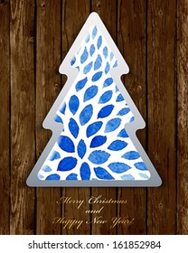 Happy New Year tree paper origami  card or background with blue leafs,  Christmas Wood Background. Hand made watercolor. Vector illustration.