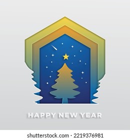 Happy New year. tree in the shape of polygonal colorful paper cut, Christmas decoration. Realistic 3d render metallic sign. Xmas Poster, banner, cover card, brochure flyer, layout design.