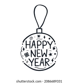 Happy New Year tree toy ball logo icon lettering Christmas Xmas sign Hand drawn sketch Cartoon doodle design Children's style Fashion print clothes apparel greeting invitation card cover flyer poster
