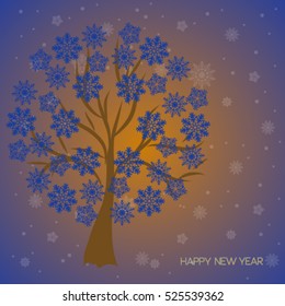 Happy New Year. Trees with snowflakes. Snowflakes greeting card. Background for winter and christmas theme. Vector illustration. Snowing background.