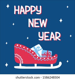 Happy new year trend patterned sleigh with gifts in scandinavian doodle style with an inscription on the background of classic blue. Vector illustration, square format., suitable for greeting card.