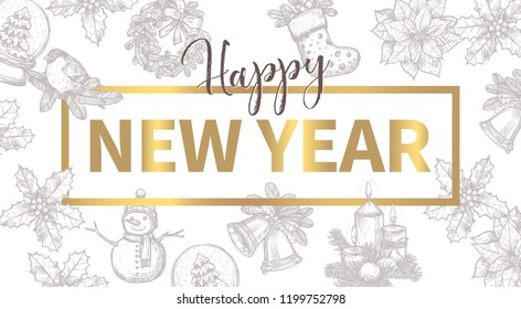 Happy New Year trendy background with sketch vector christmas icons and congratulation