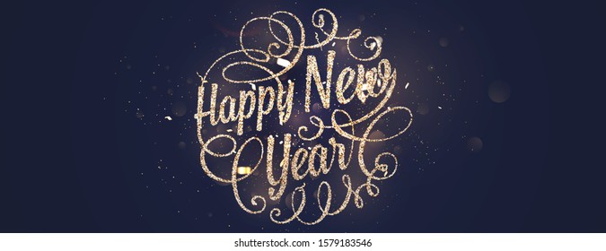 Happy New Year trendy cover background design with gold glitters, lights, sparks and bokeh for greeting card, banner, placard or poster. Eps10 vector illustration