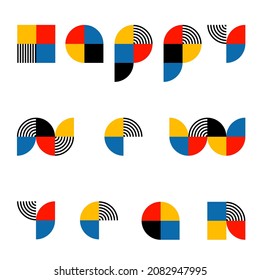 Happy New Year. Trendy font in retro Bauhaus design style. Artistic geometric printing type. Stylized alphabet