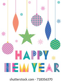 HAPPY NEW YEAR. Trendy geometric font in memphis style of 80s-90s. Abstract colored christmas decorations isolated on white background