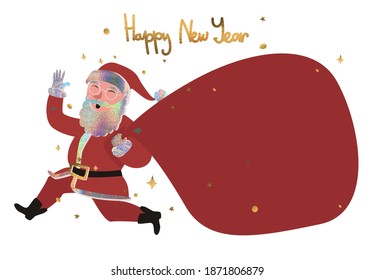 
Happy New Year! Trendy retro holographic Santa Claus running with a big red bag of gifts and waving. Gold lettering and confetti. Cartoon, vector illustration isolated on white background.