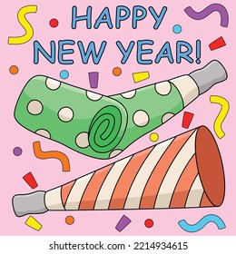 Happy New Year Trumpet Colored Cartoon 