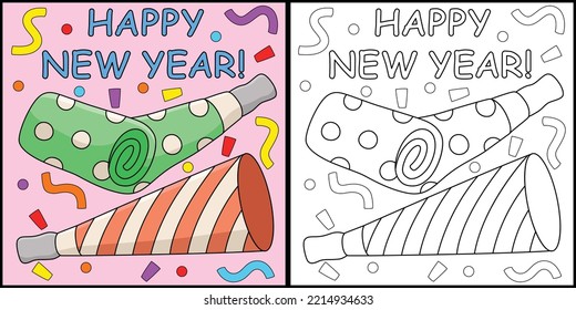 Happy New Year Trumpet Coloring Page Illustration