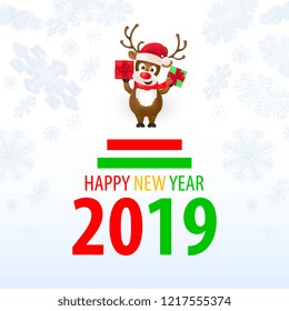 Happy New Year, twenty nineteen lettering, reindeer with gifts. New Year Day greeting card. Handwritten text, calligraphy. For leaflets, brochures, invitations, posters or banners.