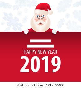 Happy New Year, twenty nineteen lettering with Santa Claus head. New Year Day greeting card. Handwritten text, calligraphy. For leaflets, brochures, invitations, posters or banners.
