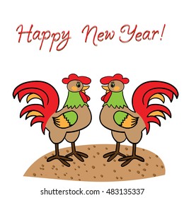 Happy new year two cocks hand drawn doodle card template svg