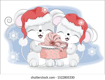 Happy new year two little mouses, in Santa cap, with a gift in hands, in environment of snowflakes  Picture in hand drawing style. Mouse, rat, symbol of New year 2020. Merry Christmas, holiday card.