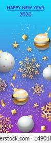 Happy New Year two thousand twenty lettering with baubles. New Year Day greeting card. Typed text, calligraphy. For leaflets, brochures, invitations, posters or banners.