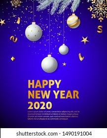 Happy New Year, Two Thousand Twenty lettering, golden snowflake. New Year Day poster. Typed text, calligraphy. For leaflets, brochures, invitations, posters or banners.