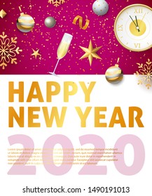 Happy New Year, Two Thousand Twenty lettering, sample text. New Year Day poster. Typed text, calligraphy. For leaflets, brochures, invitations, posters or banners.