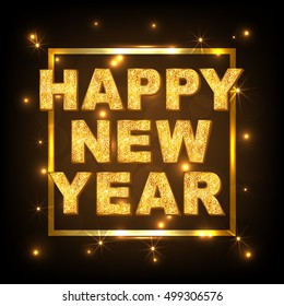Happy new year type gold glitter texture. Vector illustration.