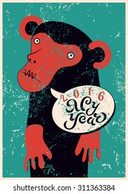 Happy New Year! Typographic Christmas greeting card design with monkey. Grunge vector illustration.