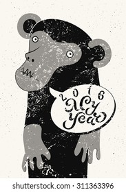 Happy New Year! Typographic Christmas greeting card design with monkey. Black-white grunge vector illustration.