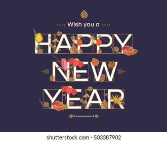Happy New Year typographic design with illuminated letters decorated with flora in Art Nouveau style