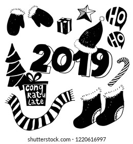 Happy New Year typographic emblems set. Vector logo, text design. Black and white. Usable for banners, greeting cards, gifts etc.