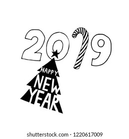 Happy New Year typographic emblems set. Vector logo, text design. Black and white. Usable for banners, greeting cards, gifts etc.