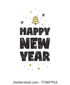 Happy New Year typographic text design. Black, white and gold. Usable for banners, greeting cards, gifts