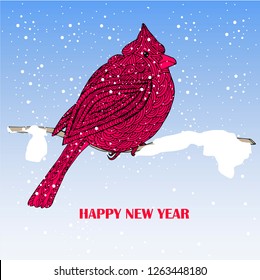 Happy New Year typography banner with cardinal. Hand drawn red cardinal bird on blue, white snow for congratulation card, web, design element zentangle stock vector illustration