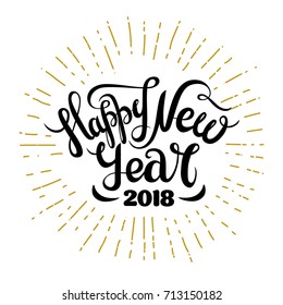 Happy New Year typography. Black and golden New Year card with hand drawn typography. Vector illustration.
