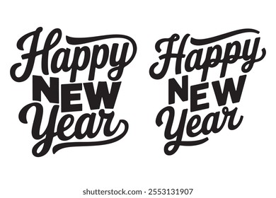 Happy New Year Typography – Bold Black Calligraphy Design.