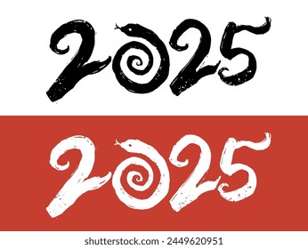 Happy New Year typography brush stroke 2025 design. Happy Chinese new year 2025 the snake zodiac sign. Japanese new year 2025 the snake zodiac sign. 