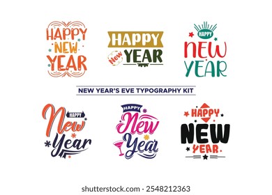 Feliz año Nuevo Paquete de tipografía - Diseños de letras de Festiva con estilo, año Nuevo paquete de diseño de tipografía - Colección de letras festivas