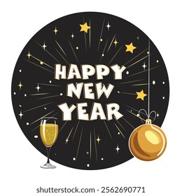 Happy New Year Typography in Dark Circle Background Decorate with Hanging Bauble, Wine Glass Png Vector Illustration.