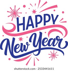 "Happy New Year Typography Design" features creative lettering and decorative fonts, often incorporating festive elements like fireworks, confetti, or stars. The design aims to convey celebration, joy