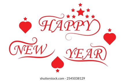 Happy New Year typography design. Happy New Year red text with frame for vector logo template social media banner design. Handwritten lettering with love creative labels isolated on white background.