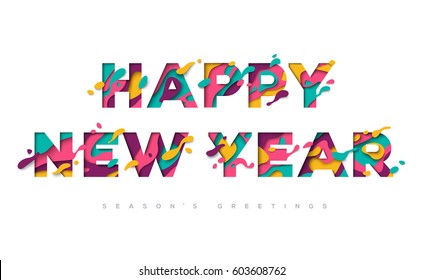 Happy New Year typography design with abstract paper cut shapes. Vector illustration. Carving art.