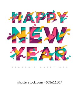 Happy New Year typography design with abstract paper cut shapes. Vector illustration. Colorful carving art.