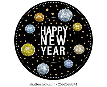 Happy New Year typography, hanging baubles in dark stars round frame decoration illustration.